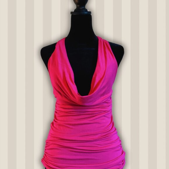 Second Hand SWS Y2K pink low-neck top with silver hoop details. Size: S - Picture 4 of 5